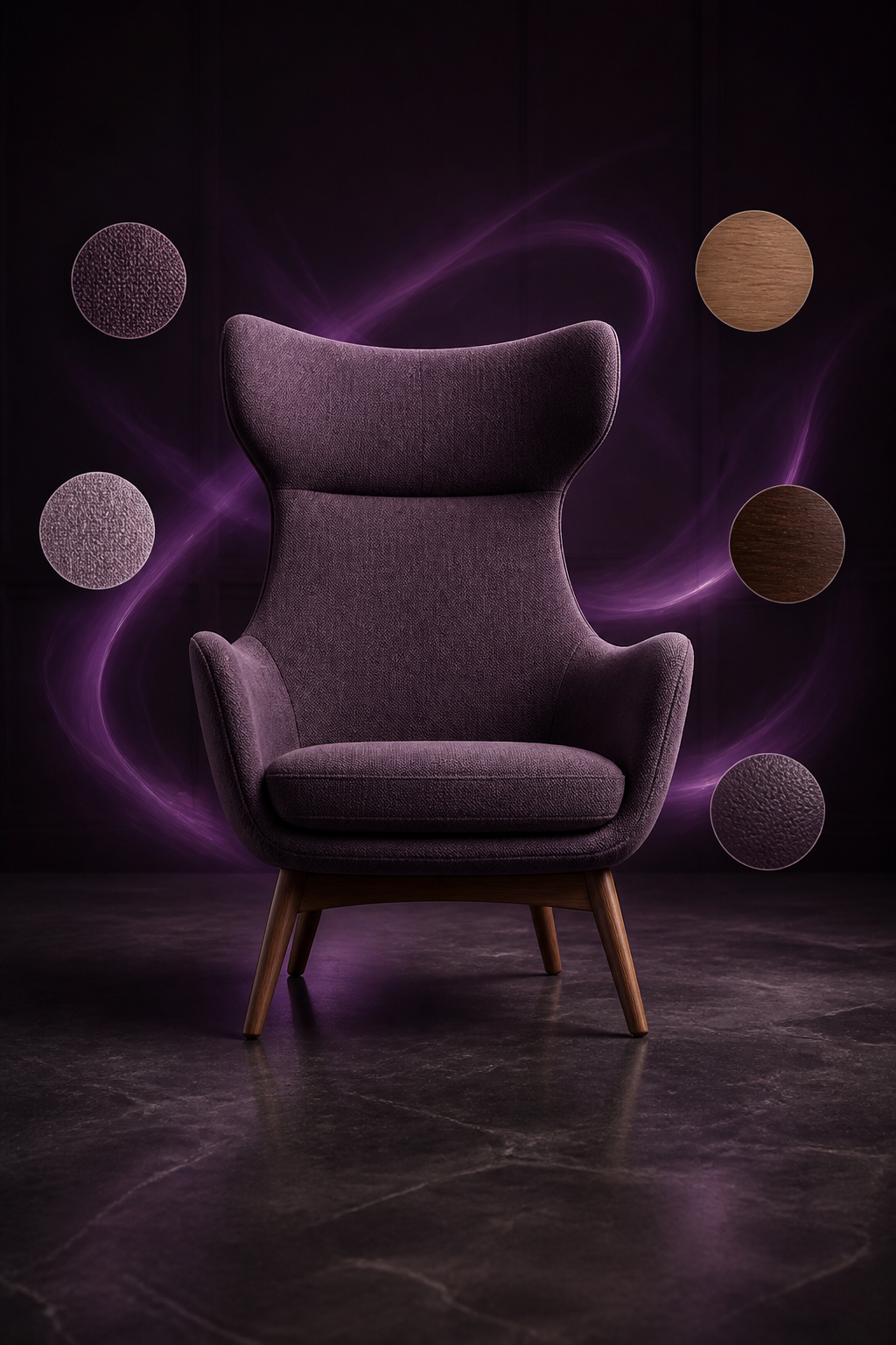 Armchair surrounded by material swatches