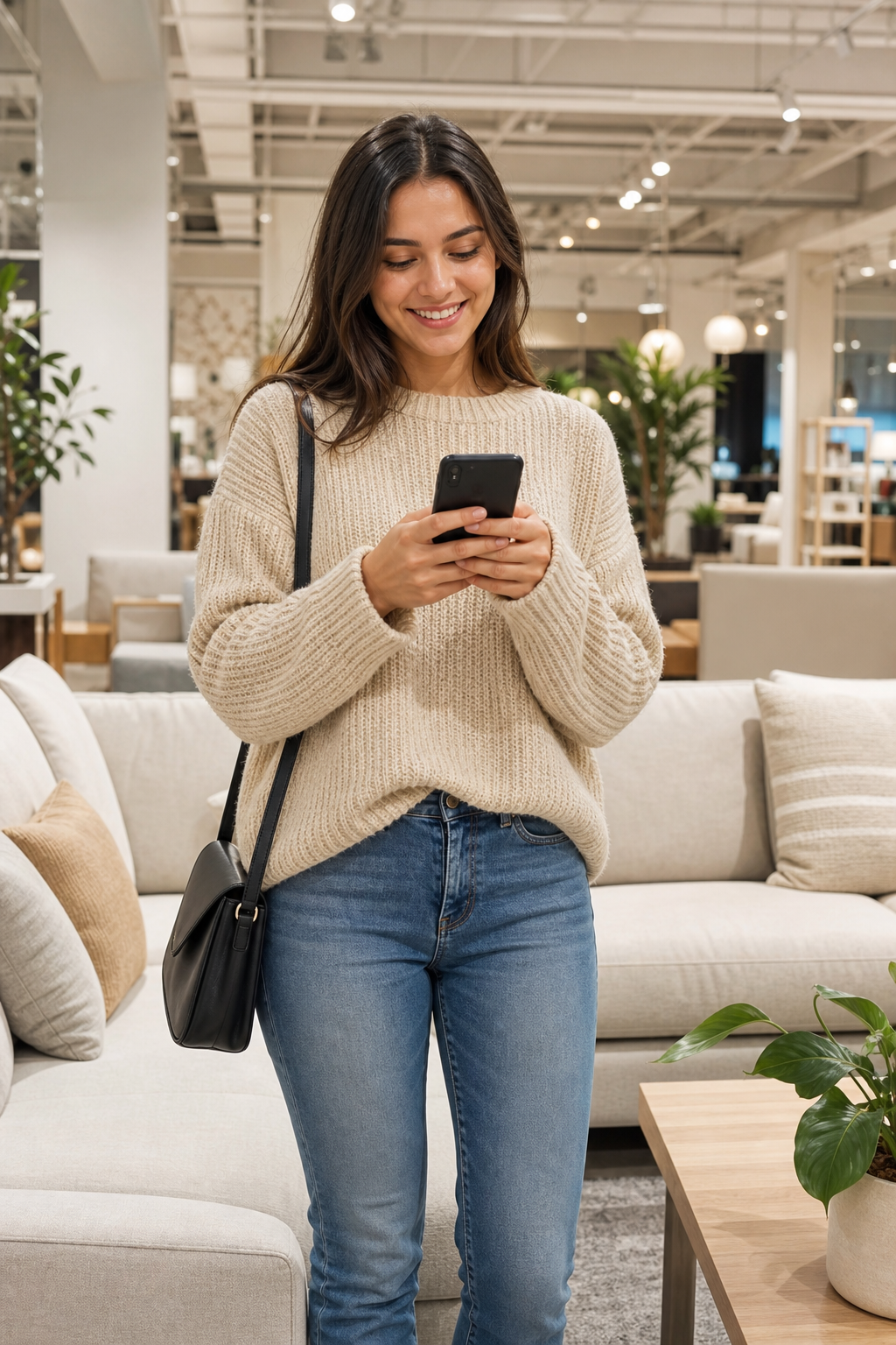 Shopper using a phone in a furniture store
