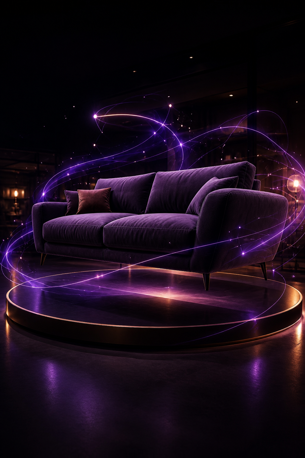 Purple sofa on a glowing platform